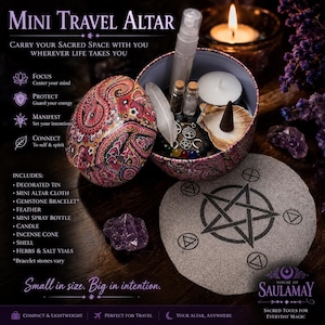 May include: A round metal tin with a colorful paisley pattern containing a mini travel altar kit. The kit includes a white feather, two small glass vials, a tea light candle, an incense cone, a seashell, and a multi-colored gemstone bracelet.