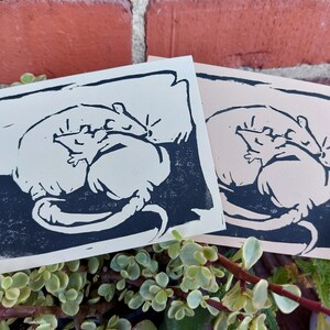 Rat Cuddles - Pet rat linoleum block print, sweet cute rat print, memorial art