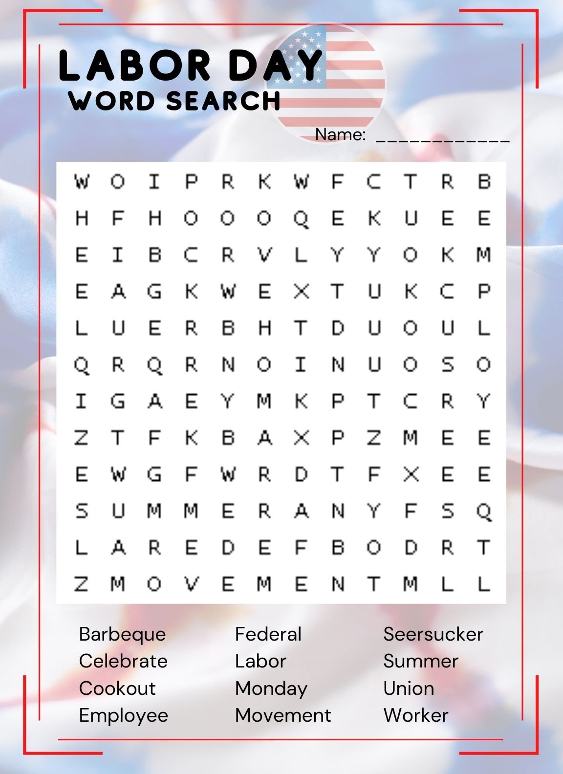 Labor Day Printable Word Search