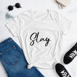 Women&#39;s short sleeve t-shirt, slay white and black shirt