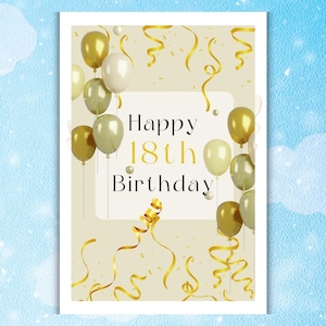 18th Birthday Card, Printable Happy Birthday Card with Elegant Gold Accents, 18th Birthday Boy or Girl, Instant Download, Digital Card,