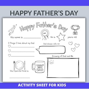 Happy Father's Day Activity Sheet, All About Dad Fill in the Blanks Coloring Page, Printable Gift for Dad, Instant Download, 8.5x11"