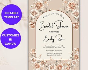 Może przedstawiać: Zaproszenie na wieczór panieński z kwiatowym motywem. Zaproszenie zawiera tekst "You're Invited To A Bridal Shower Honoring Emily Rose". Zawiera również datę, godzinę i miejsce wydarzenia. Fioletowe koła z "EDITABLE TEMPLATE" i "CUSTOMIZE IN CANVA".