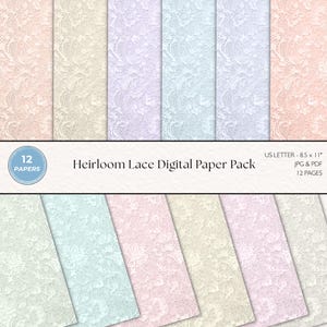 Puede incluir: Una colección de 12 papeles digitales con intrincados patrones de encaje en tonos pastel de rosa, crema, lavanda, azul y verde menta. El texto dice Heirloom Lace Digital Paper Pack, 12 PAPERS, y US LETTER - 21,59 x 27,94 cm, JPG & PDF.