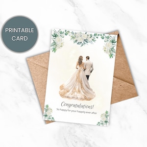 Cartão de felicitações de casamento, cartão de feliz dia do casamento para impressão, cartão digital para recém-casados, cartão floral elegante para casais.