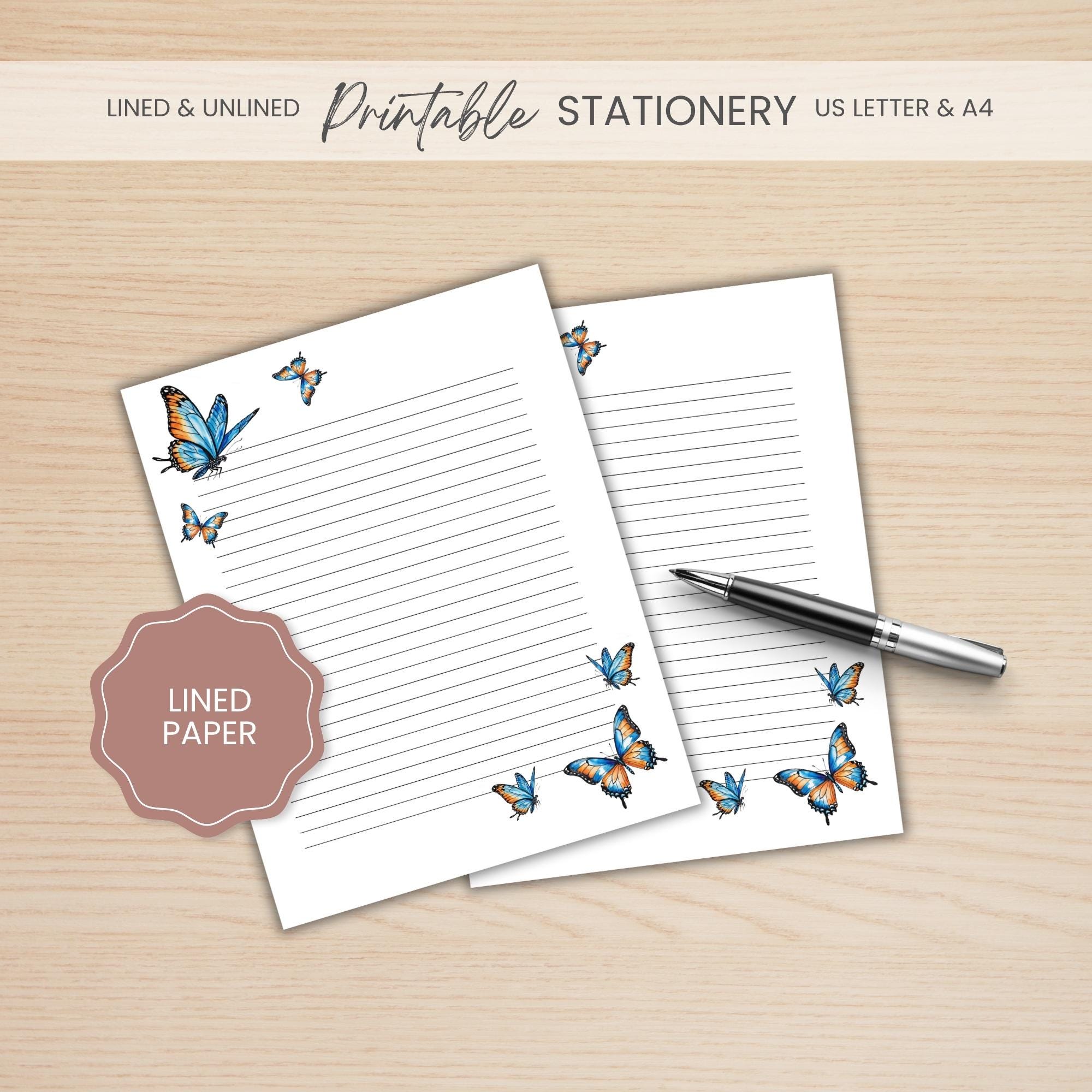 Butterfly Note Paper Printable Stationery, Butterfly Design, Lined and Unlined Notepaper ...