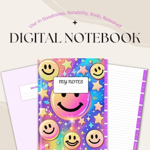 Digital Notebook | Y2K Smiley Face Cover | Hyperlinked Tabs | Goodnotes PDF | Rainbow Aesthetic | Cute Digital Planner