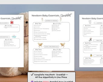 May include: A set of three white checklists titled "Newborn Baby Essentials Checklist" with sections for nursery, sleep time, and clothing. The checklists include a list of items to have and need. The bottom of the image has text that says "Complete Newborn Checklist - All the Essentials in One Place".