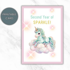 2e carte d'anniversaire pour fille, deuxième carte de joyeux anniversaire imprimable, carte d'anniversaire licorne, téléchargement immédiat, carte numérique, impression à la maison PDF
