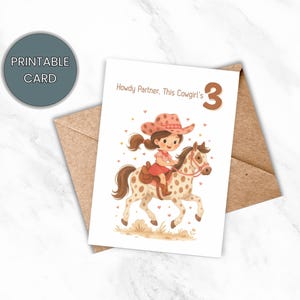 Druckbare Karte zum 3.Geburtstag für Mädchen, Happy 3.Geburtstagskarte für Sie, Geburtstagskarte Cowgirl auf Pferd, Sofort Download, digitale Karte, PDF