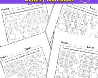 Preschool Counting Activity Workbook | Printable Worksheets, Early Math, Number Recognition, Kindergarten, Homeschool, Kids Learning