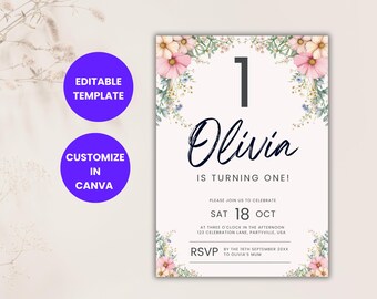 Editable Wildflower 1st Birthday Invitation: Garden Party Theme Canva Template, Printable and Digital Invite