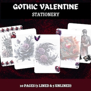 Papelería de San Valentín Gótico con Corazón Oscuro, Papel Romántico Oscuro, Paquete Imprimible de 10 Páginas (5 con Rayas y 5 sin Rayas), 8.5x11&quot; (Descargar PDF)
