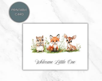 Welcome Baby Greeting Card, Printable Newborn Congratulations Card, Woodland Animals Theme, Instant Download, Digital Card, DIY Card