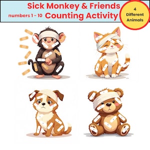 May include: A colorful educational graphic with the text "Sick Monkey & Friends Counting Activity." It features illustrations of a monkey, cat, dog, and bear, each with bandages and numbered from 1 to 10. A circle indicates "4 Different Animals."