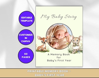 Libro de recuerdos de animales del bosque para bebés: Plantilla editable de Canva (descarga digital, 60 páginas)