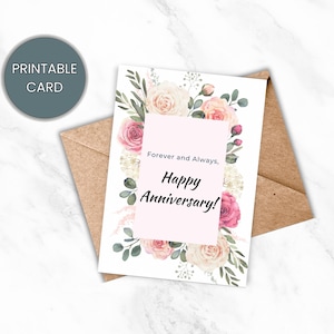 Tarjeta de feliz aniversario, tarjeta imprimible de aniversario de bodas, tarjeta floral de aniversario para él, ella, pareja, descarga instantánea en PDF, tarjeta digital