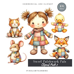 May include: Digital clipart pack showing a girl doll and four animal plush toys: a cat, mouse, duck, and fox. Each character has a patchwork design in various colours. The text "Sweet Patchwork Pals Clipart Pack 2" is included.