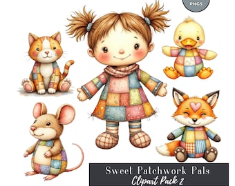 Patchwork Clipart Pack, Quilted Animals & Ragdoll PNGs, Nursery Decor, Baby Shower Graphics, Commercial Use