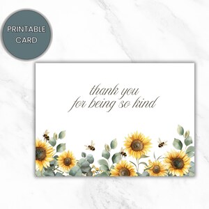 Printable Thank You Card, Thank You Card with Sunflower and Bee Design, Thank You Note, Instant Download, Digital Card, DIY Card