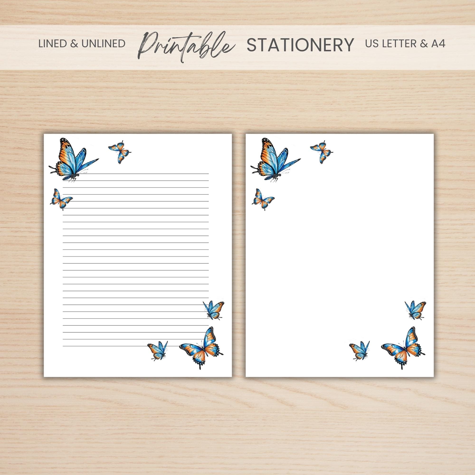 Butterfly Note Paper Printable Stationery, Butterfly Design, Lined and Unlined Notepaper ...