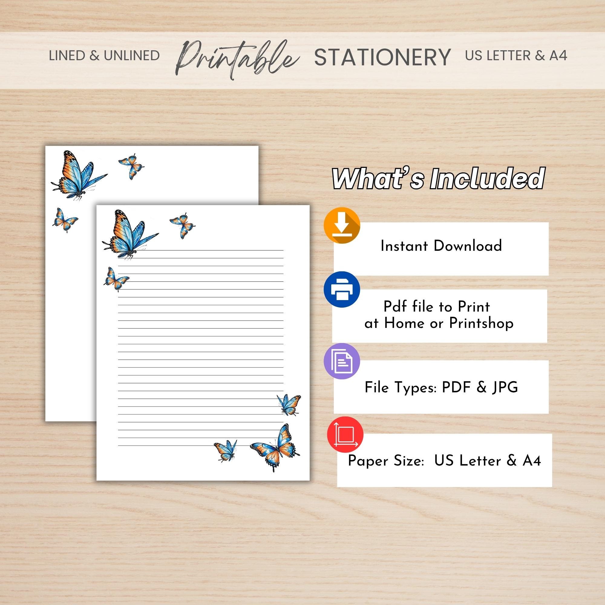 Butterfly Note Paper Printable Stationery, Butterfly Design, Lined and Unlined Notepaper ...