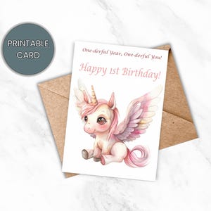 Carte de 1er anniversaire pour fille, joyeux premier anniversaire à imprimer, carte licorne rose pour enfants d'un an, téléchargement immédiat, bricolage, carte numérique