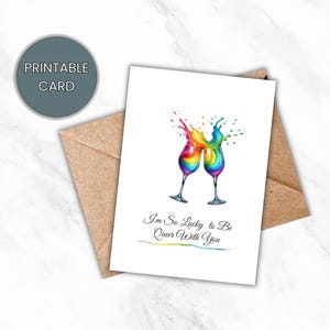 Carte imprimable LGBTQ+ - « Tellement chanceux d'être queer avec vous » - Carte romantique drôle de fierté gay - Téléchargement numérique - Carte d'amour queer