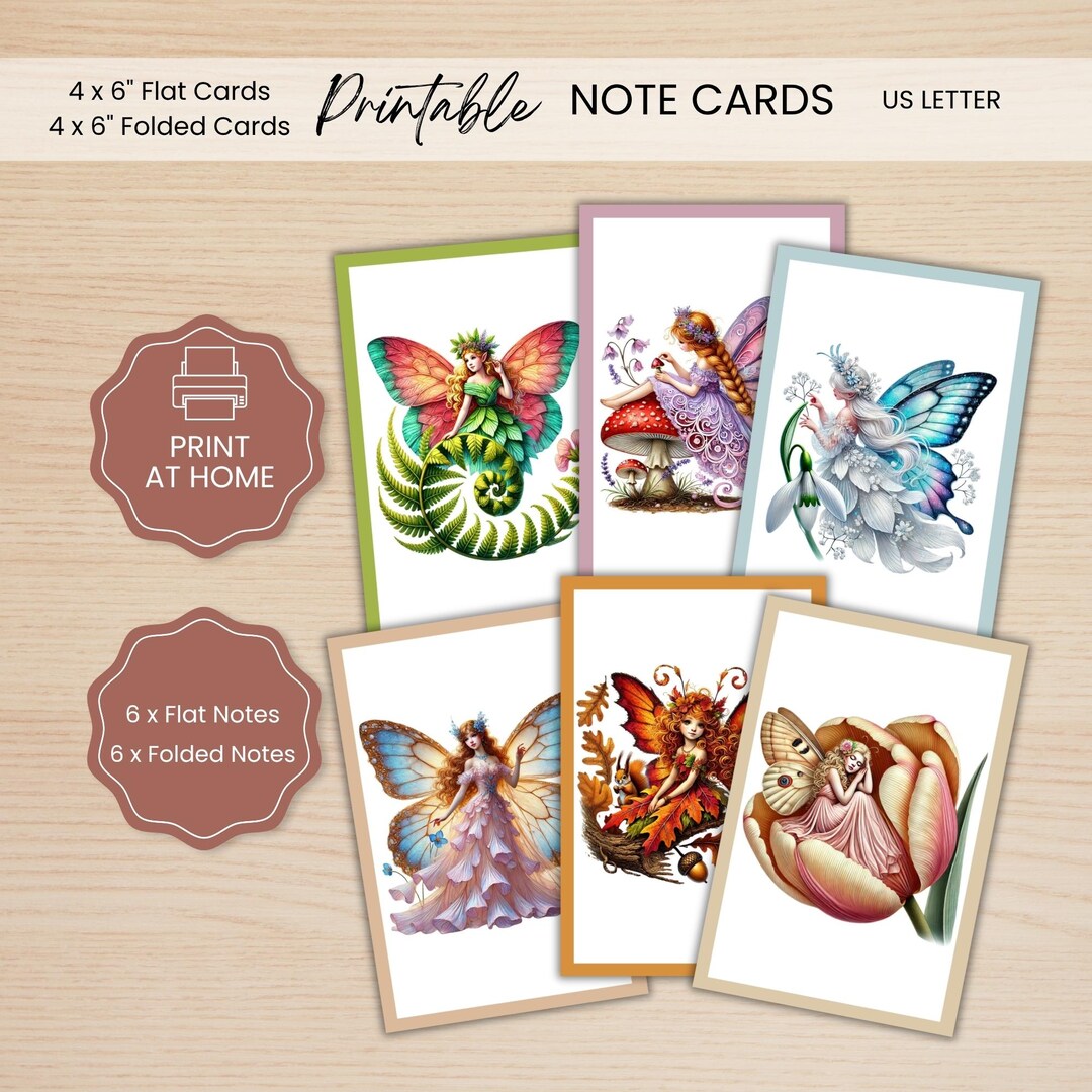 Printable Fairy Note Cards: Whimsical Blank Stationery, Flat and Folded ...