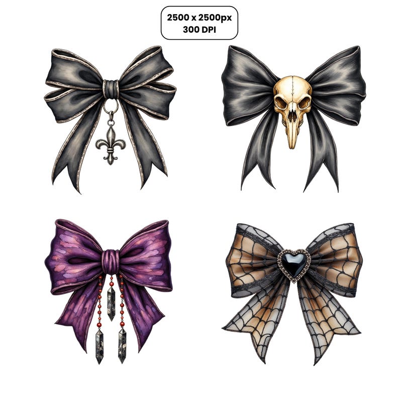 Gothic Coquette Bows Clipart Pack, Black Goth Ribbon, 24 PNG Bundle ...