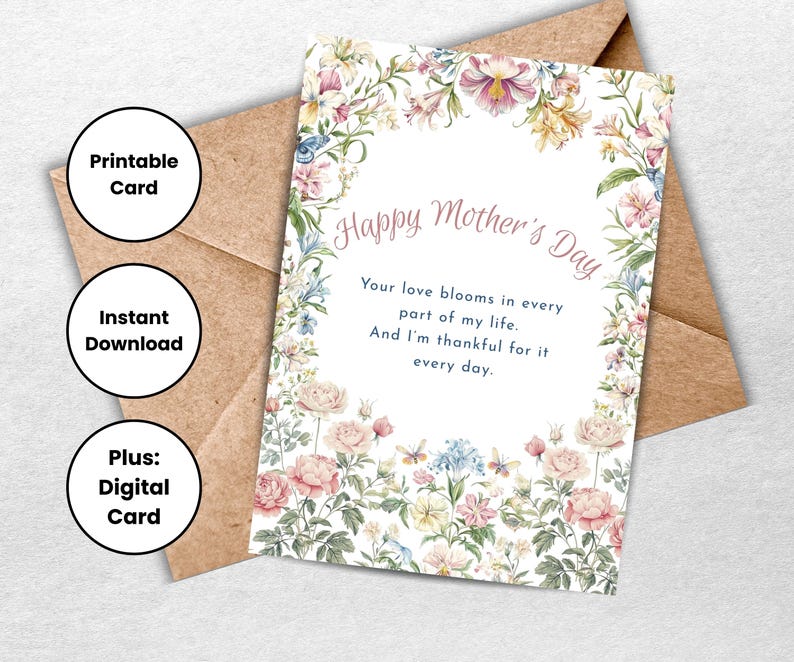 Floral Mother’s Day Card Printable, Elegant Watercolor Flower Card, 5x7 ...