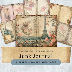 Junk Journal Printable Pages, Parisienne Vintage Rose Theme, 6 Digital Pages & Vintage Cover, French Florals, Digital Download, US Letter