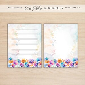Floral Printable Stationery Set, Lined & Unlined Pages, US Letter and A4, Instant Download, Digital Writing Paper, Flower Letterhead PDF