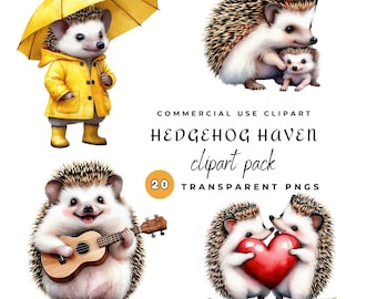 Aquarell Igel Clipart Pack, 20 PNG Bilder, Kinderzimmer Dekor, kommerzielle Nutzung