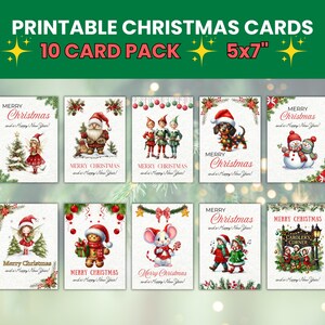 Tarjetas navideñas: Surtido de tarjetas de felicitación navideñas, paquete de diez tarjetas navideñas imprimibles, 5x7&quot;, descarga instantánea en PDF