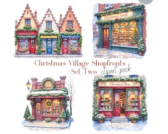Clipart de fachada de loja de vila natalina, conjunto dois, PNGs de loja de Natal em aquarela, arte de inverno, uso comercial