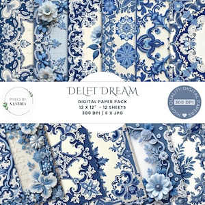 Op de afbeelding: Een verzameling digitale papieren vellen met een Delfts blauw-geïnspireerd ontwerp. De papieren bevatten ingewikkelde blauwe en witte bloemen- en geometrische patronen. De tekst "DELFT DREAM" en "DIGITAL PAPER PACK" zijn zichtbaar, samen met de afmetingen en resolutie.