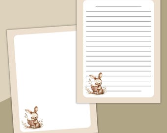 Printable Stationery, Reading Animals Notepaper, Lined and Unlined Pages, Instant Download