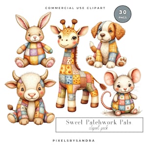 Pode incluir: Ilustração em aquarela de cinco animais de patchwork: um coelho, uma girafa, um cachorrinho, uma vaca e um rato. Cada personagem é feito de tecido de patchwork colorido. A imagem inclui o texto "Sweet Patchwork Pals clipart pack" e "Commercial Use Clipart".