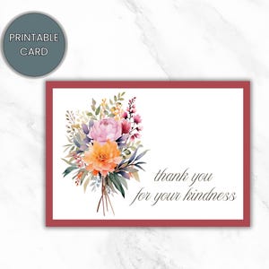 Carte de remerciement imprimable, carte de remerciement avec bouquet de fleurs, mot de remerciement, téléchargement immédiat, bricolage, carte numérique