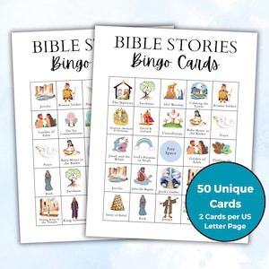 Bible Stories Bingo Printable Game, 50 Bible Character Bingo Cards, Sunday School Game, Christian Bingo for Adults and Kids, Church Activity