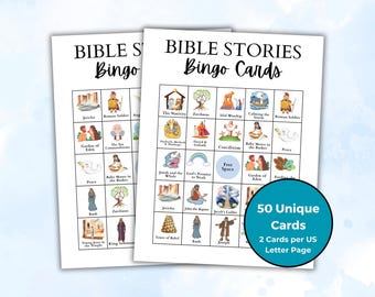 Bible Stories Bingo Printable Game, 50 Bible Character Bingo Cards, Sunday School Game, Christian Bingo for Adults and Kids, Church Activity