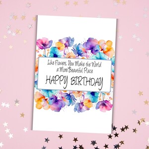 Cartão de Feliz Aniversário para Imprimir, Cartão de Aniversário Floral para Ela, Cartão de Aniversário com Flores, Cartão de Aniversário para Imprimir em Casa, Download Digital Instantâneo