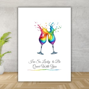 Afdrukbare LGBTQ+-kaart – "So Lucky To Be Queer With You" – grappige romantische Gay Pride-kaart – Digitale download – Queer Love-kaart
