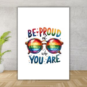 Afdrukbare Pride Card – "Wees trots op wie je bent" – LGBTQ+-bevestigingskaart – Rainbow Glasses Art – Digitale download – Queer Love