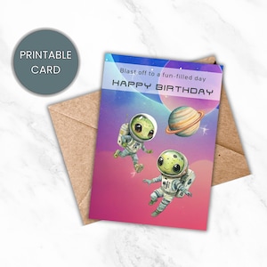 Afdrukbare gelukkige verjaardagskaart voor jongen, Space Alien gelukkige verjaardagskaart, gelukkige verjaardagskaart voor kind, verjaardagskaart jongen, Instant Download