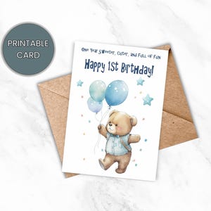 Cartão de 1º aniversário para imprimir para menino, Cartão de primeiro aniversário de ursinho de pelúcia, Cartão de aniversário para criança pequena, Cartão digital, Download instantâneo, Cartão faça você mesmo