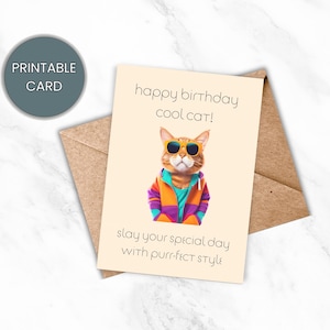 Cartão de Feliz Aniversário para Imprimir, Cartão de Aniversário para Adolescentes, Design Moderno e Legal de Gato, Download Instantâneo, Cartão Faça Você Mesmo, Cartão Digital