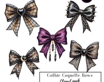 Coquette gothique noeuds Clipart Pack, ruban gothique noir, 24 PNG, usage Commercial