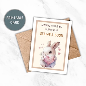 Printable Get Well Soon Greeting Card, Cute Watercolor Bunny with Pink Heart, Instant Download, Digital Card, Encouragement Note for Friend